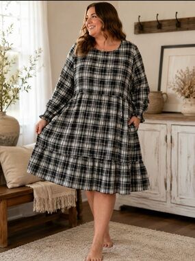 Terra & Sky Plaid Smock Dress 4X Boho Cottagecore Prairie
